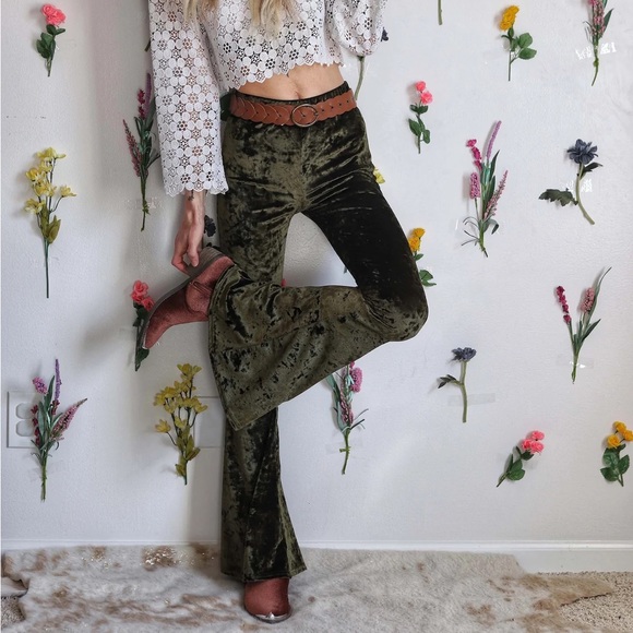 Olive Green Crushed Velvet Bell Bottom Flare Pants - Picture 4 of 12